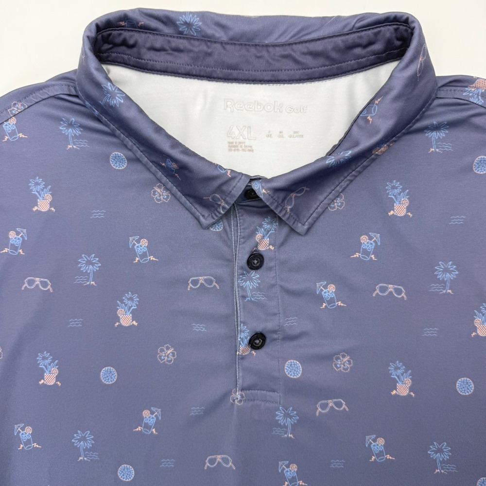 Reebok Polo Shirt Men 4XL Blue Golf Novelty Tropical Palm Tree Short Sleeve